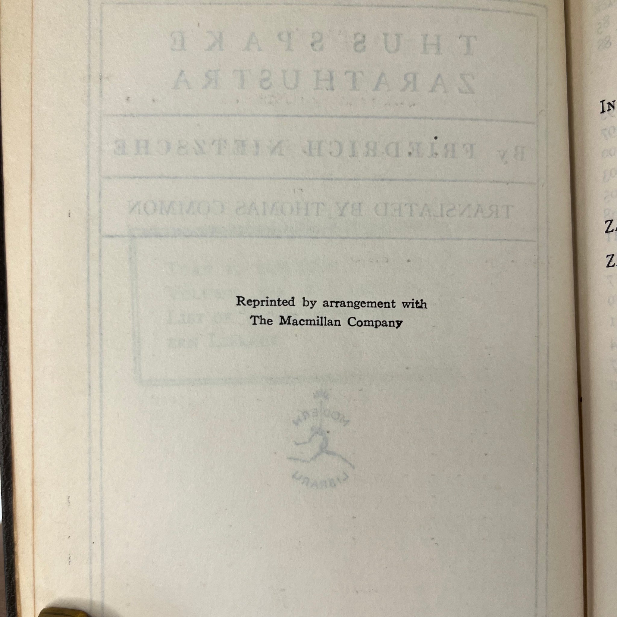 1927 Thus Spake Zarathustra By Fredrich Nietzsche Modern Library - Macmillan Print Edition