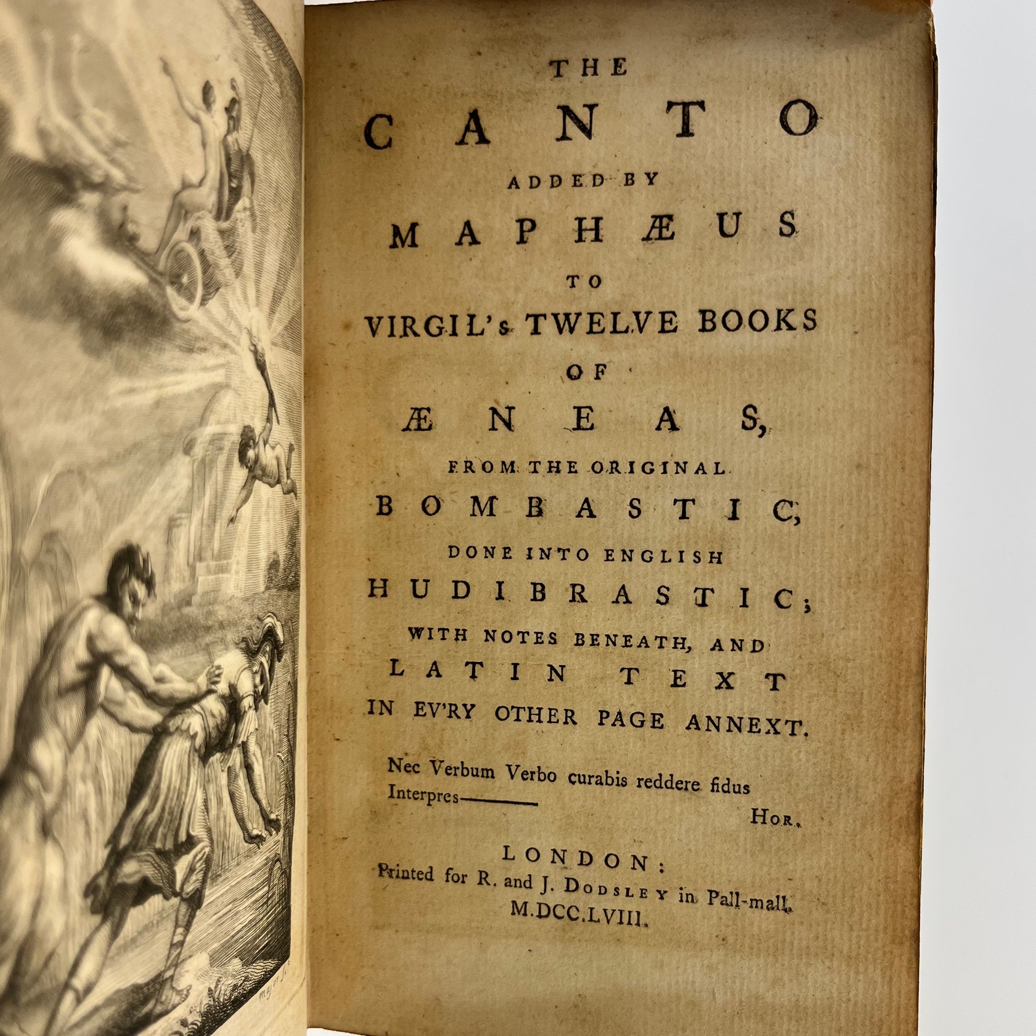 1758 The Canto Added by Maphæus to Virgil's 12 books of Æneas from the orginal Bombastic, Done in to English Hudibrastic with notes beneath and Latin text in every other page annext